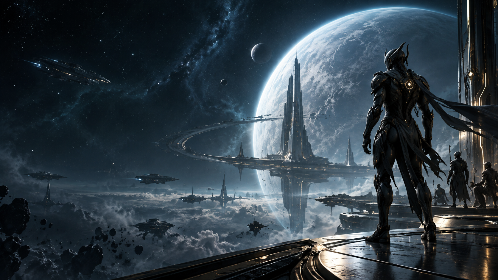 A futuristic space warrior overlooks an orbital city, representing Warframe clan discovery.